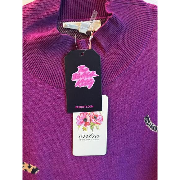 Entro Knit Sweater with Side Slit Purple Leopard Print L NWT - Picture 3 of 10